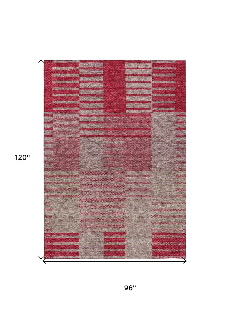 8' X 10' Burgundy Pink And Blush Striped Washable Indoor Outdoor Area Rug
