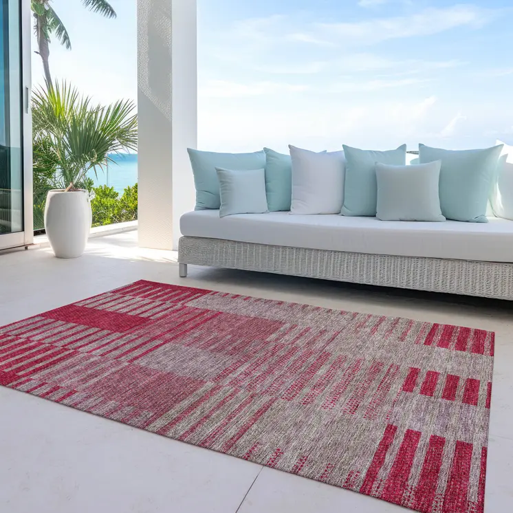 8' X 10' Burgundy Pink And Blush Striped Washable Indoor Outdoor Area Rug