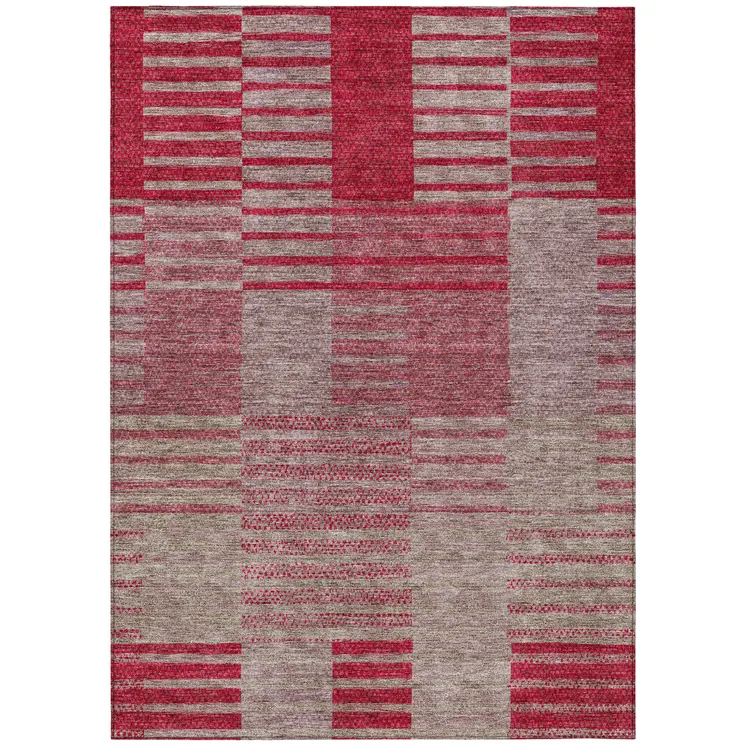 8' X 10' Burgundy Pink And Blush Striped Washable Indoor Outdoor Area Rug
