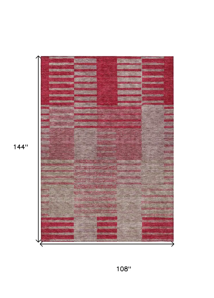 9' X 12' Burgundy Pink And Blush Striped Washable Indoor Outdoor Area Rug