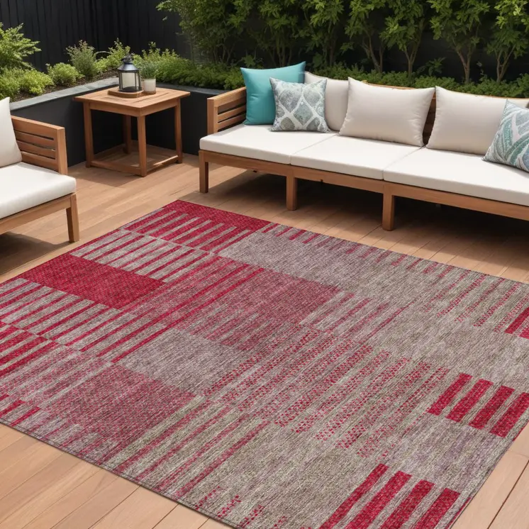 9' X 12' Burgundy Pink And Blush Striped Washable Indoor Outdoor Area Rug