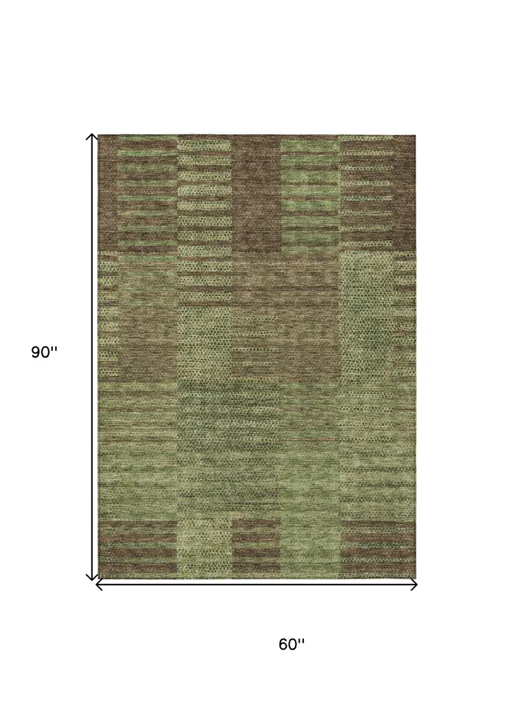 5' X 8' Brown Taupe And Green Striped Washable Indoor Outdoor Area Rug