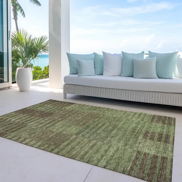 5' X 8' Brown Taupe And Green Striped Washable Indoor Outdoor Area Rug