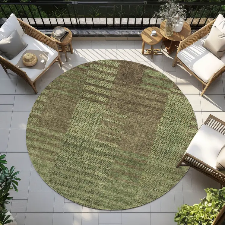 8' Brown Taupe And Green Round Striped Washable Indoor Outdoor Area Rug