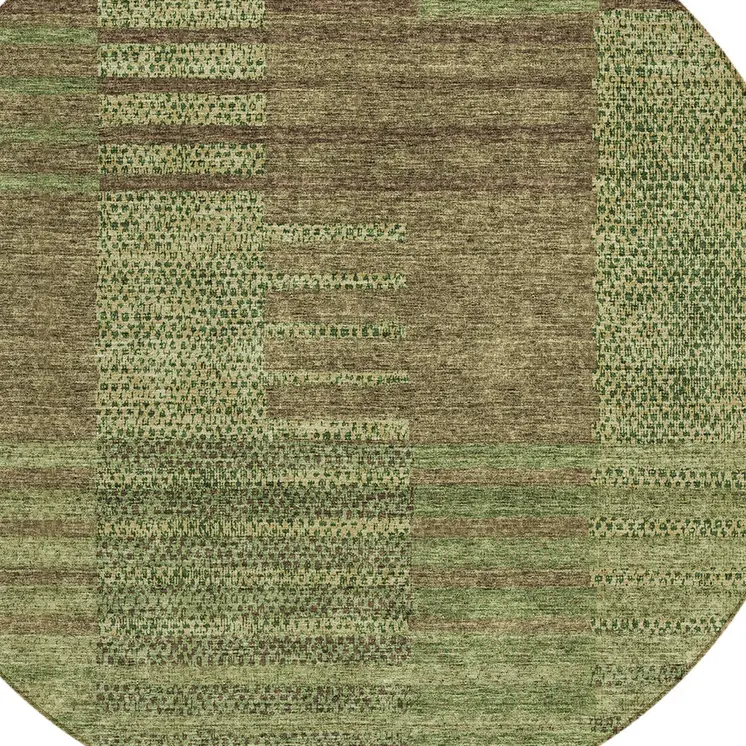 8' Brown Taupe And Green Round Striped Washable Indoor Outdoor Area Rug