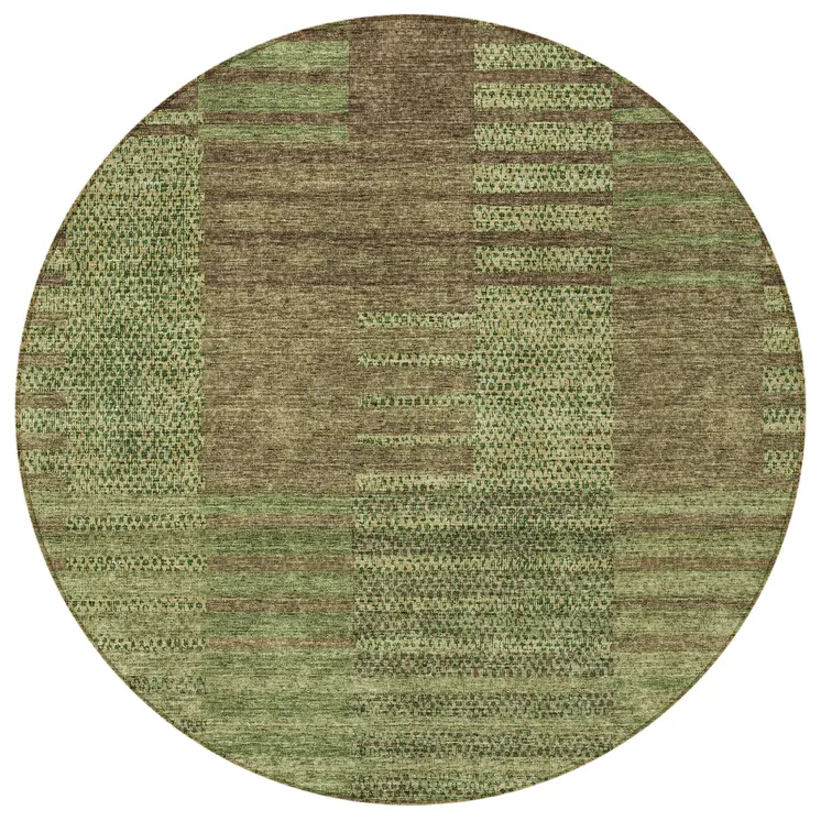 8' Brown Taupe And Green Round Striped Washable Indoor Outdoor Area Rug