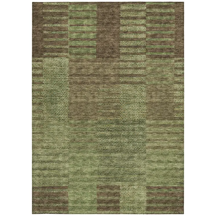 9' X 12' Brown Taupe And Green Striped Washable Indoor Outdoor Area Rug