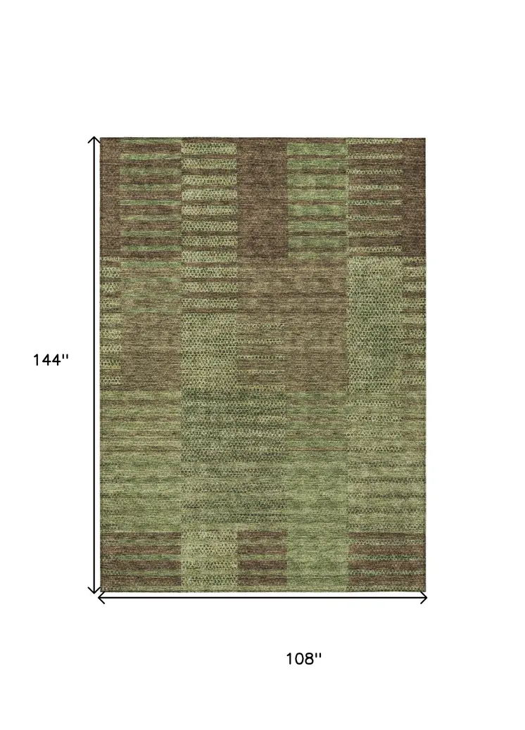 9' X 12' Brown Taupe And Green Striped Washable Indoor Outdoor Area Rug