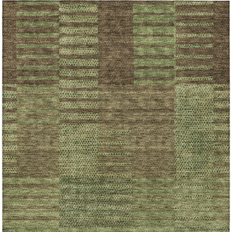 9' X 12' Brown Taupe And Green Striped Washable Indoor Outdoor Area Rug