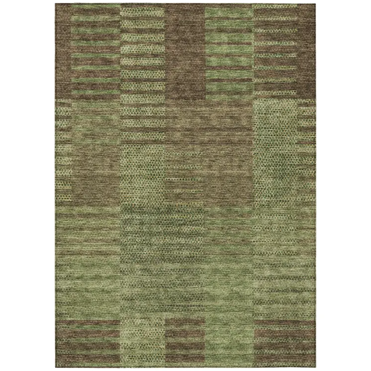 10' X 14' Brown Taupe And Green Striped Washable Indoor Outdoor Area Rug