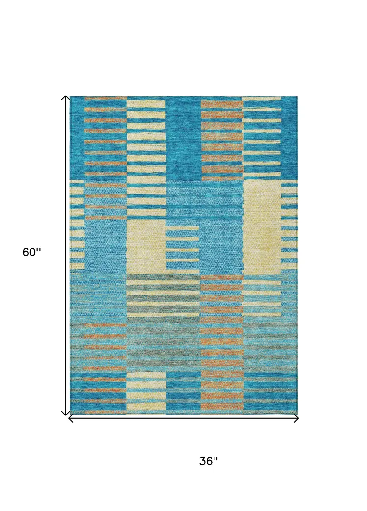3' X 5' Teal Blue Orange And Sky Blue Striped Washable Indoor Outdoor Area Rug