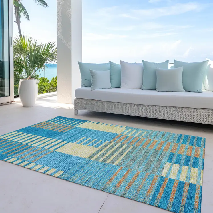 3' X 5' Teal Blue Orange And Sky Blue Striped Washable Indoor Outdoor Area Rug