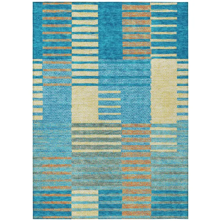 3' X 5' Teal Blue Orange And Sky Blue Striped Washable Indoor Outdoor Area Rug