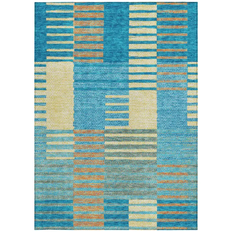 3' X 5' Teal Blue Orange And Sky Blue Striped Washable Indoor Outdoor Area Rug