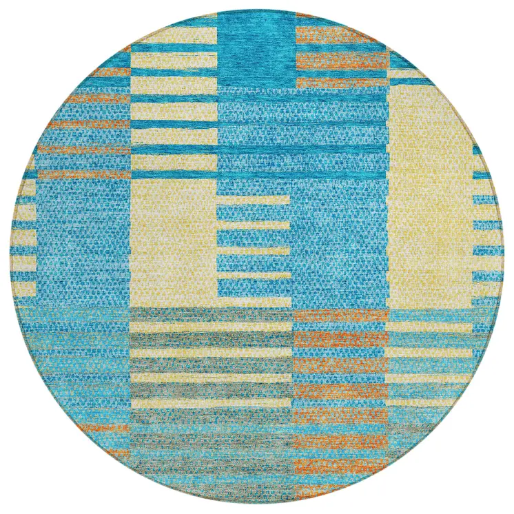 8' Teal Blue Orange And Sky Blue Round Striped Washable Indoor Outdoor Area Rug