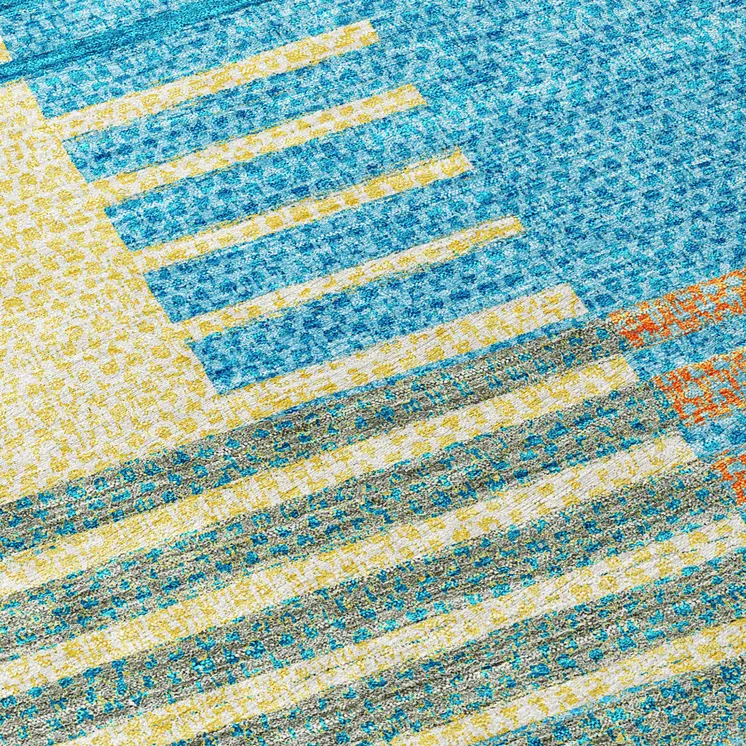 8' Teal Blue Orange And Sky Blue Round Striped Washable Indoor Outdoor Area Rug