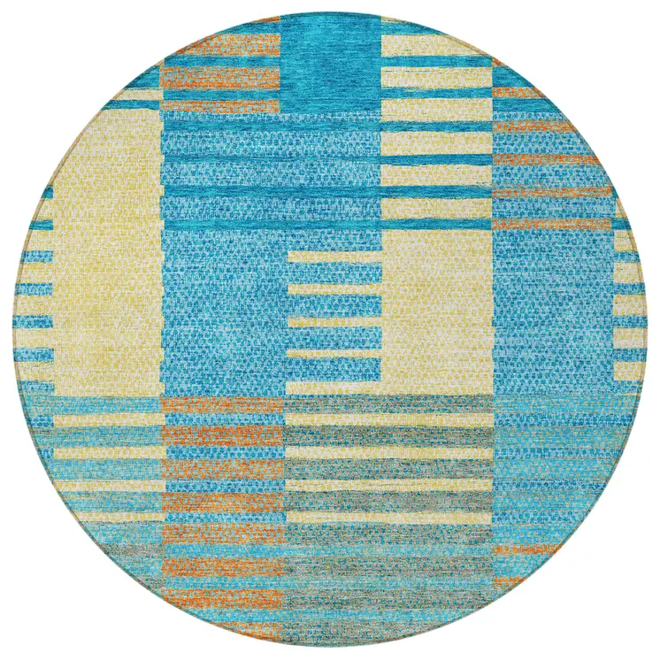 8' Teal Blue Orange And Sky Blue Round Striped Washable Indoor Outdoor Area Rug