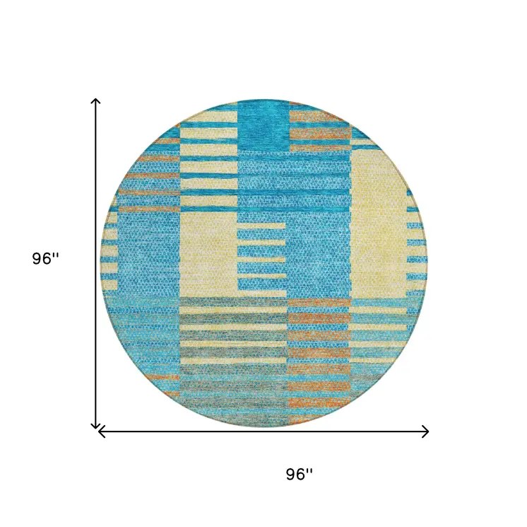 8' Teal Blue Orange And Sky Blue Round Striped Washable Indoor Outdoor Area Rug