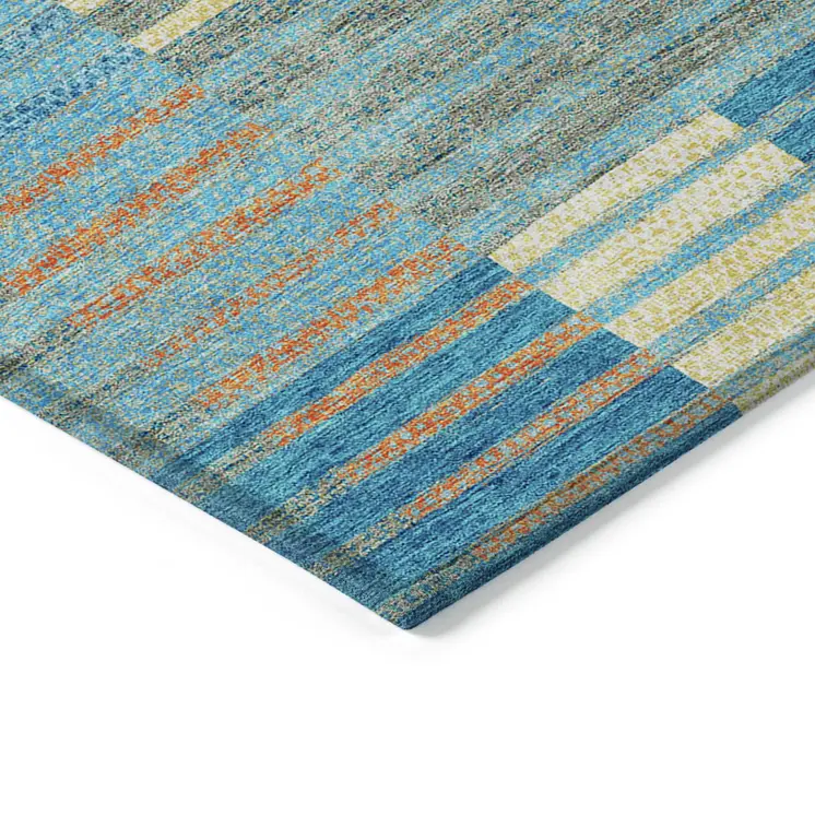 8' X 10' Teal Blue Orange And Sky Blue Striped Washable Indoor Outdoor Area Rug