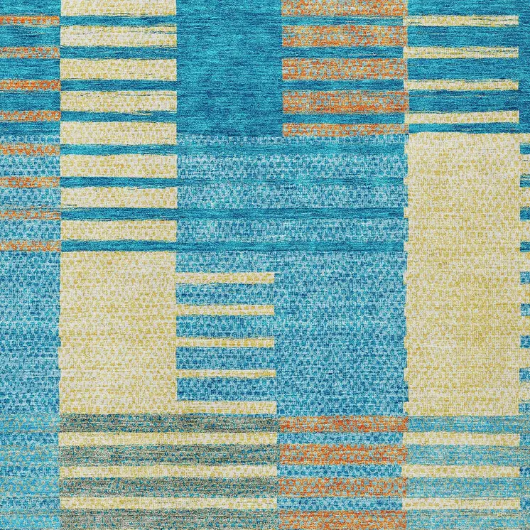 8' X 10' Teal Blue Orange And Sky Blue Striped Washable Indoor Outdoor Area Rug