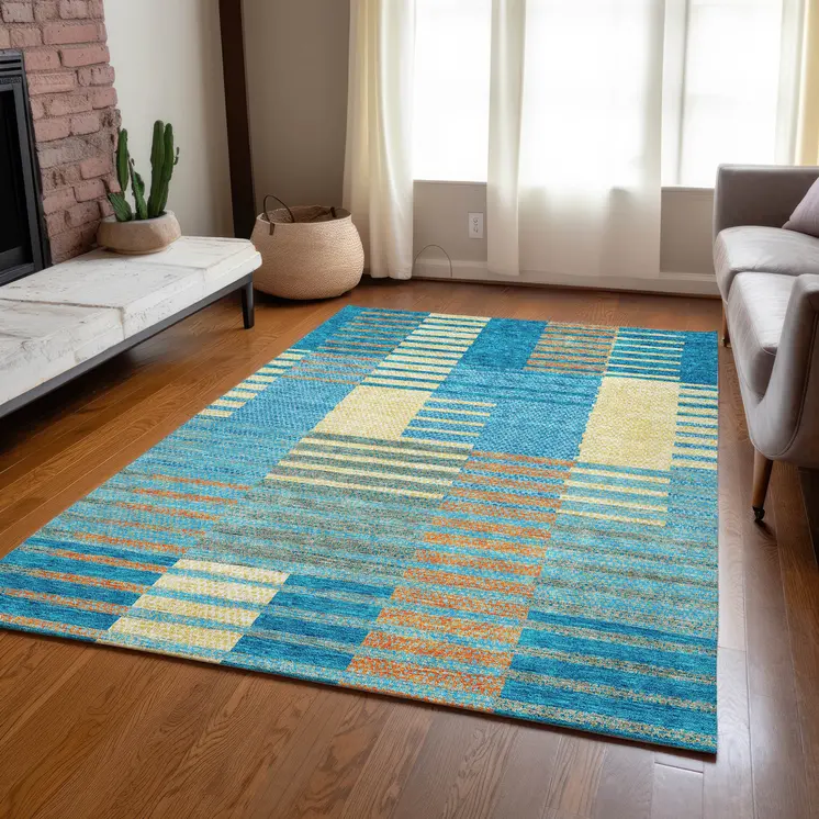 8' X 10' Teal Blue Orange And Sky Blue Striped Washable Indoor Outdoor Area Rug