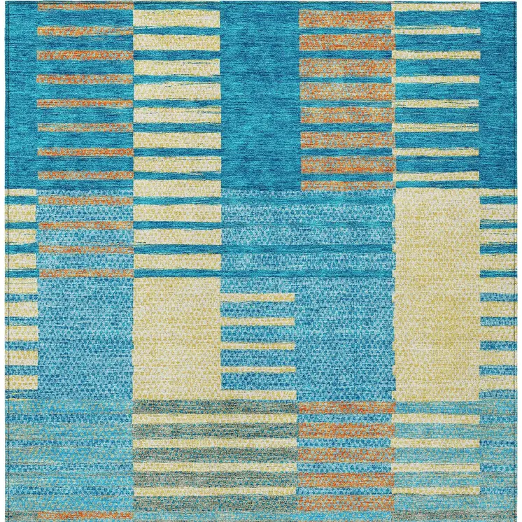 9' X 12' Teal Blue Orange And Sky Blue Striped Washable Indoor Outdoor Area Rug