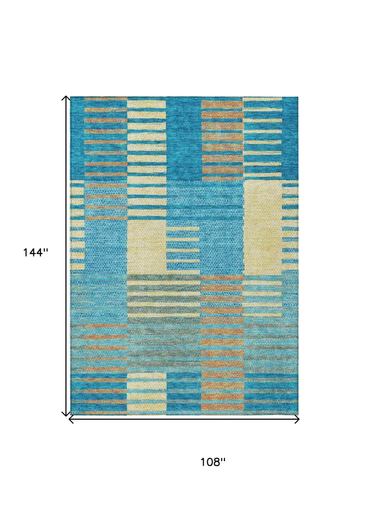 9' X 12' Teal Blue Orange And Sky Blue Striped Washable Indoor Outdoor Area Rug