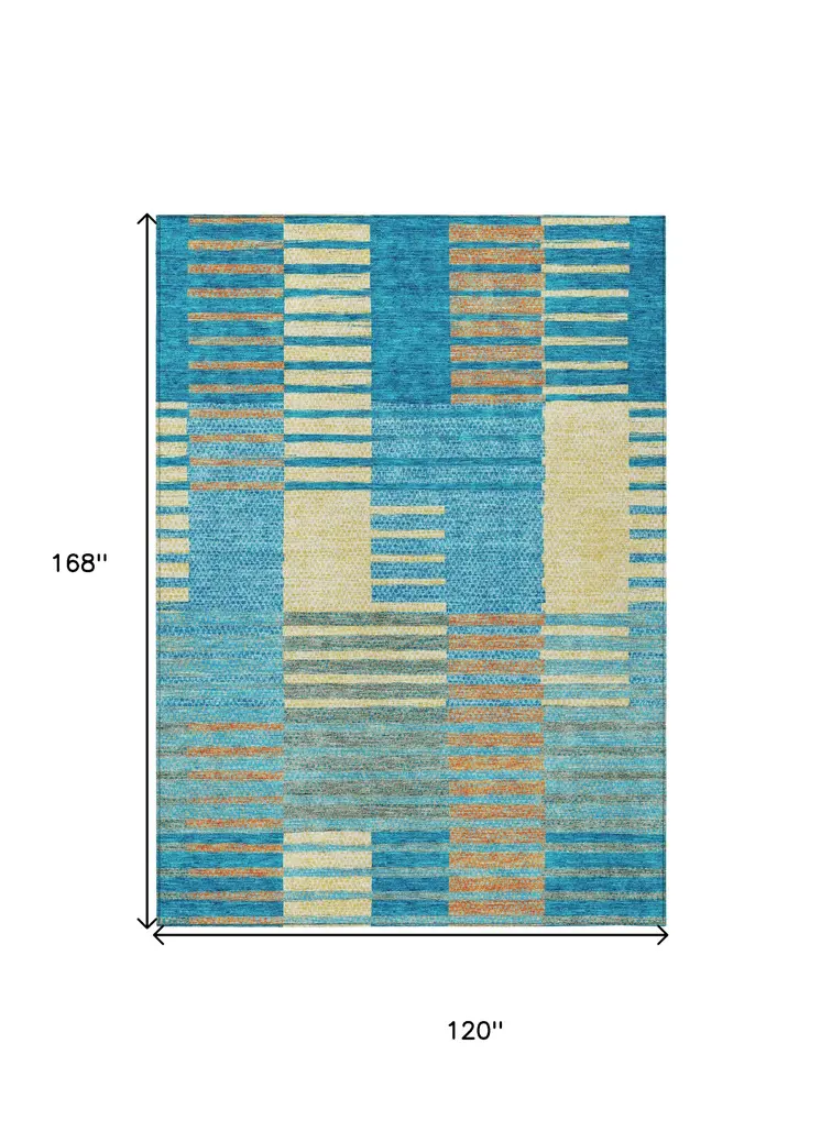 10' X 14' Teal Blue Orange And Sky Blue Striped Washable Indoor Outdoor Area Rug