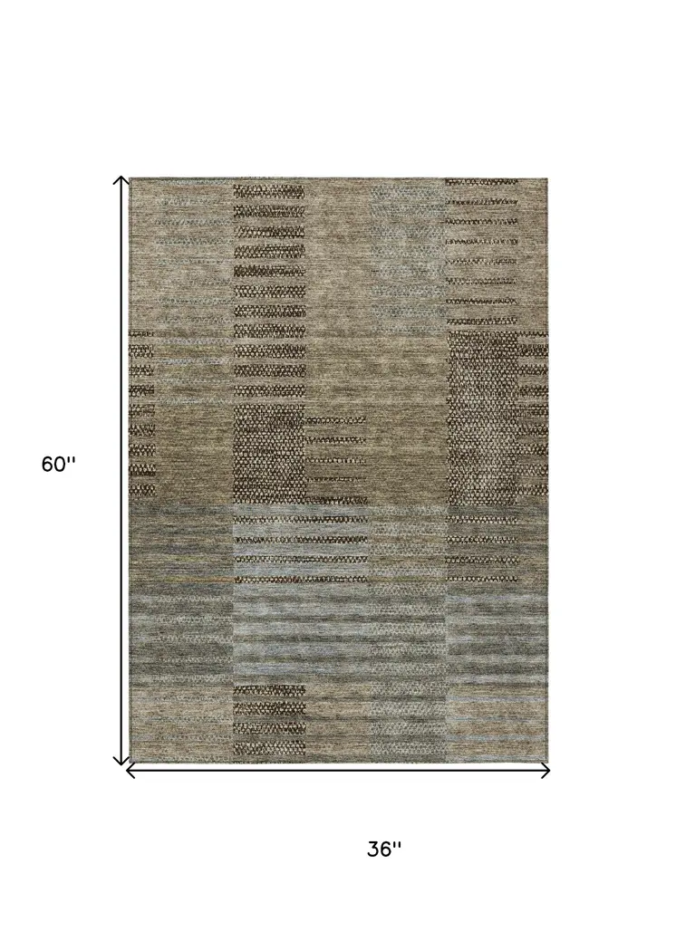 3' X 5' Taupe Brown And Gray Striped Washable Indoor Outdoor Area Rug