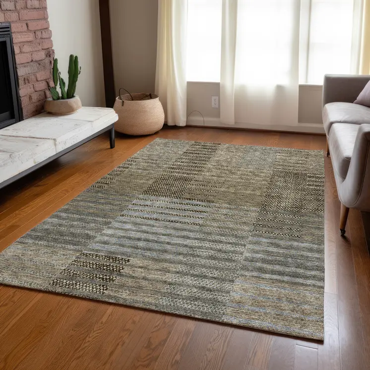 3' X 5' Taupe Brown And Gray Striped Washable Indoor Outdoor Area Rug