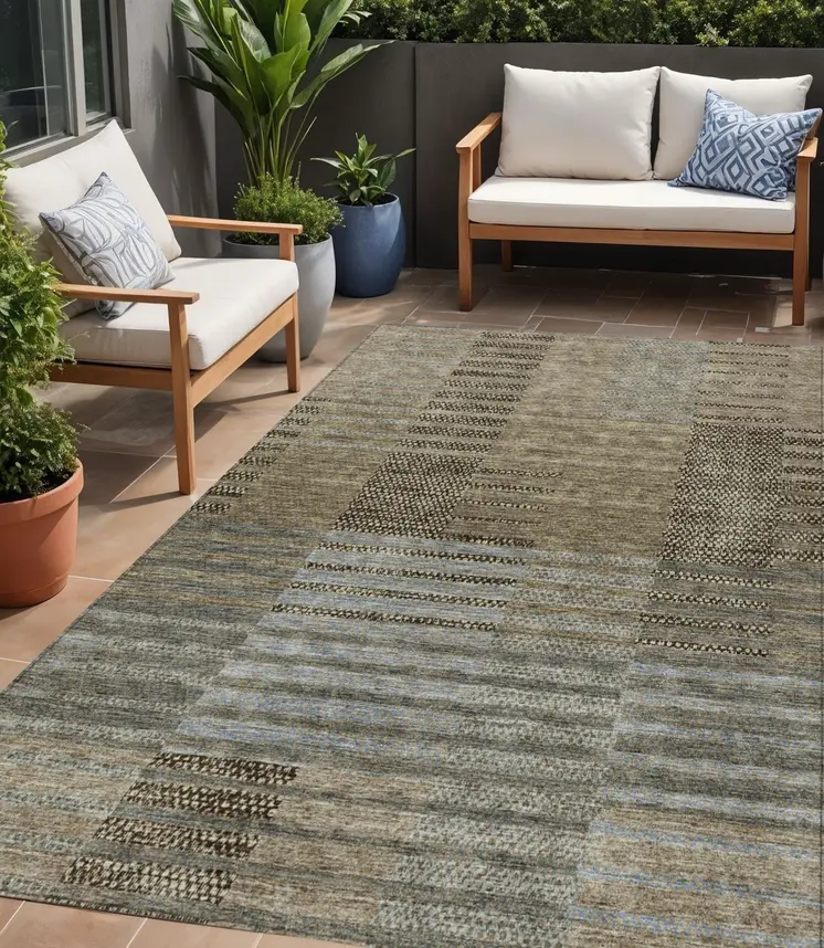 5' X 8' Taupe Brown And Gray Striped Washable Indoor Outdoor Area Rug