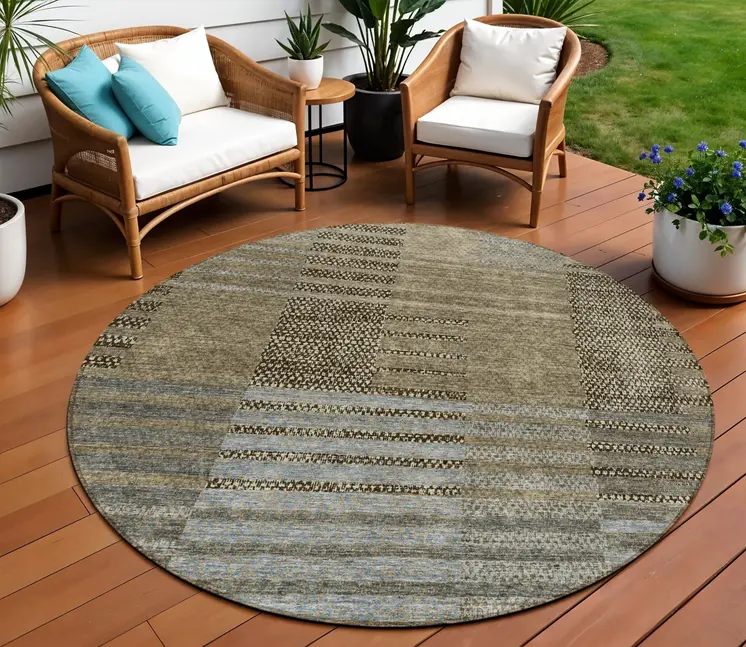 8' Taupe Brown And Gray Round Striped Washable Indoor Outdoor Area Rug
