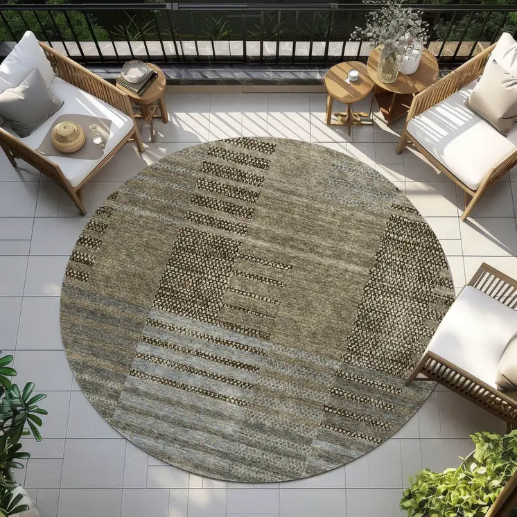 8' Taupe Brown And Gray Round Striped Washable Indoor Outdoor Area Rug
