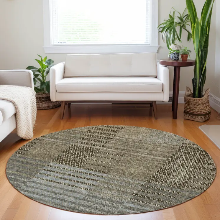 8' Taupe Brown And Gray Round Striped Washable Indoor Outdoor Area Rug