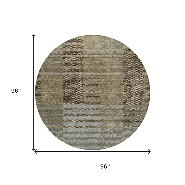 8' Taupe Brown And Gray Round Striped Washable Indoor Outdoor Area Rug