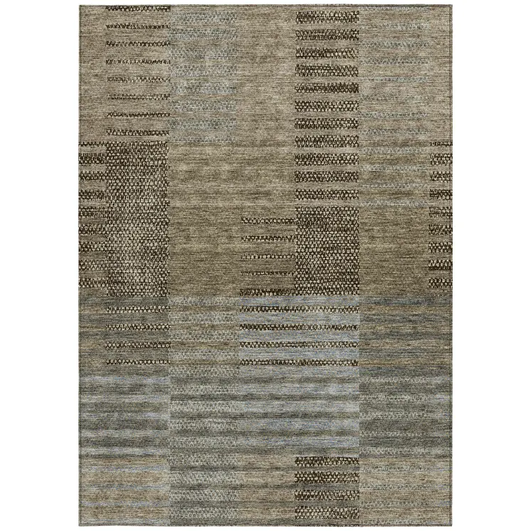 8' X 10' Taupe Brown And Gray Striped Washable Indoor Outdoor Area Rug