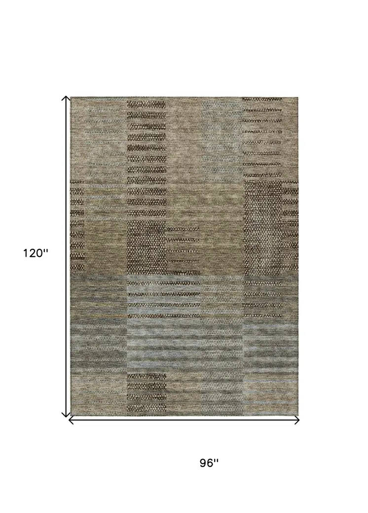 8' X 10' Taupe Brown And Gray Striped Washable Indoor Outdoor Area Rug