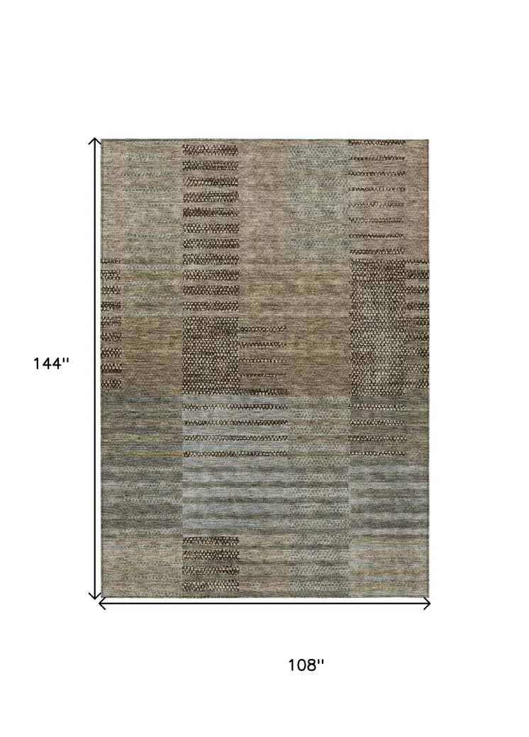 9' X 12' Taupe Brown And Gray Striped Washable Indoor Outdoor Area Rug