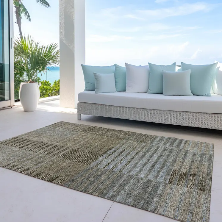 9' X 12' Taupe Brown And Gray Striped Washable Indoor Outdoor Area Rug