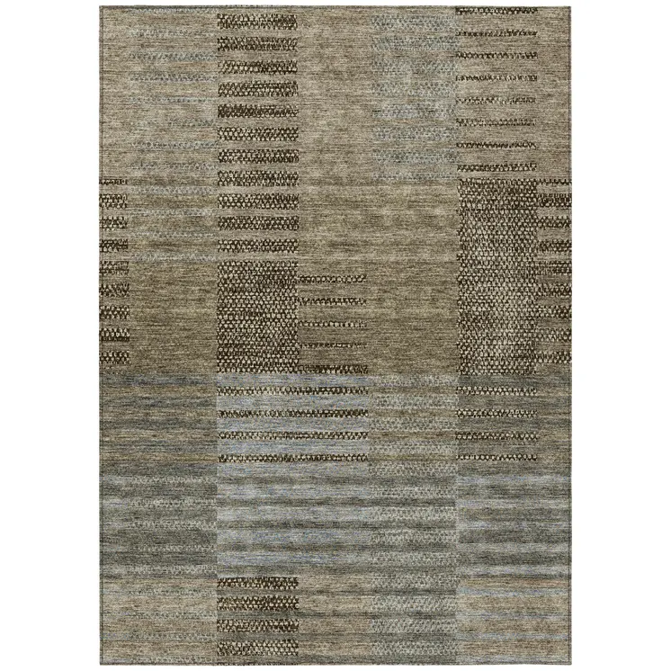 9' X 12' Taupe Brown And Gray Striped Washable Indoor Outdoor Area Rug