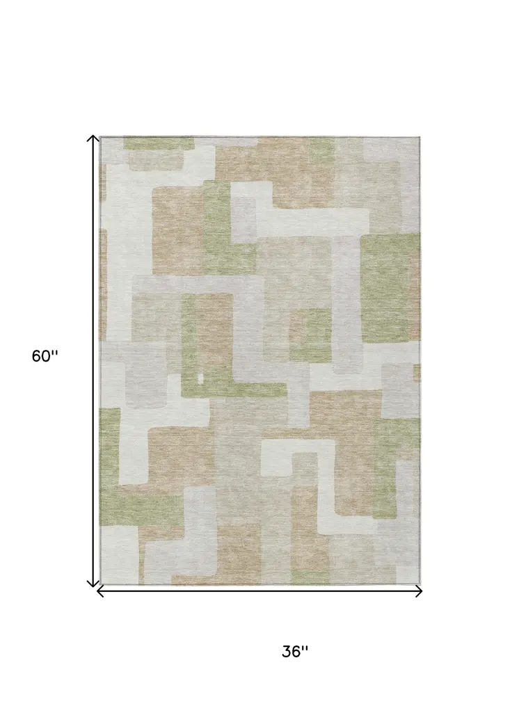 3' X 5' Beige Ivory And Sage Geometric Washable Indoor Outdoor Area Rug