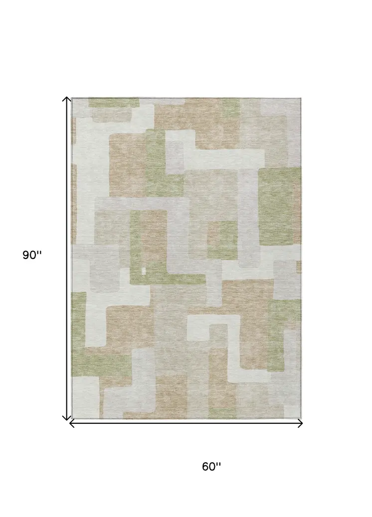 5' X 8' Beige Ivory And Sage Geometric Washable Indoor Outdoor Area Rug