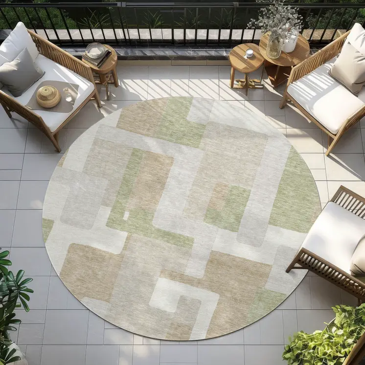 8' Beige Ivory And Sage Round Geometric Washable Indoor Outdoor Area Rug
