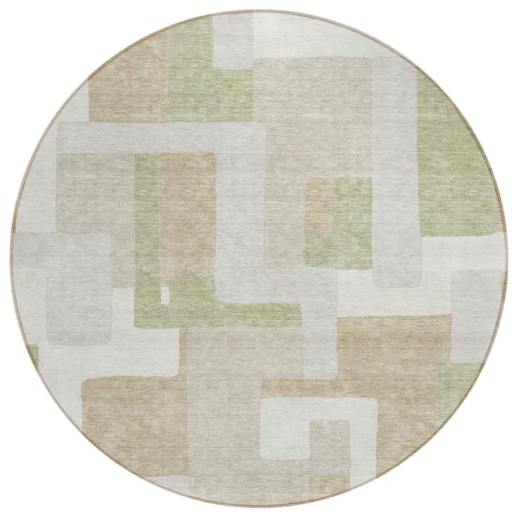8' Beige Ivory And Sage Round Geometric Washable Indoor Outdoor Area Rug