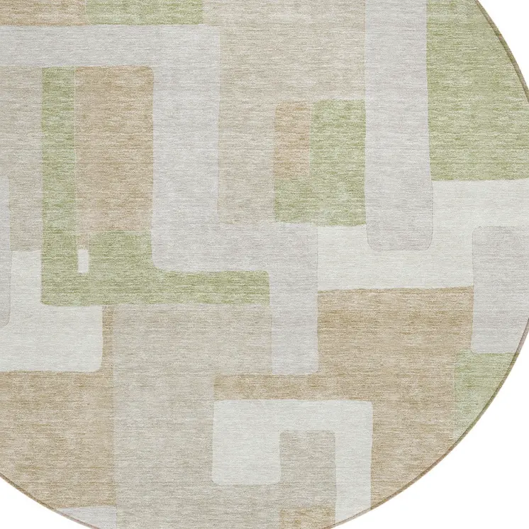 8' Beige Ivory And Sage Round Geometric Washable Indoor Outdoor Area Rug