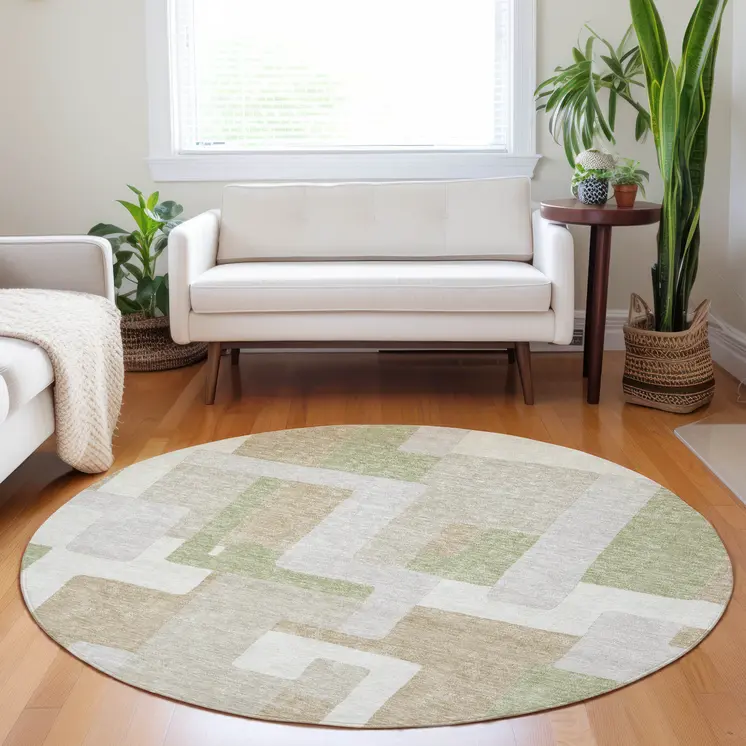 8' Beige Ivory And Sage Round Geometric Washable Indoor Outdoor Area Rug
