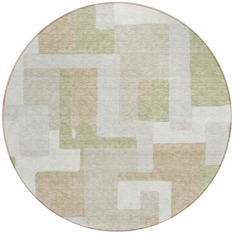 8' Beige Ivory And Sage Round Geometric Washable Indoor Outdoor Area Rug