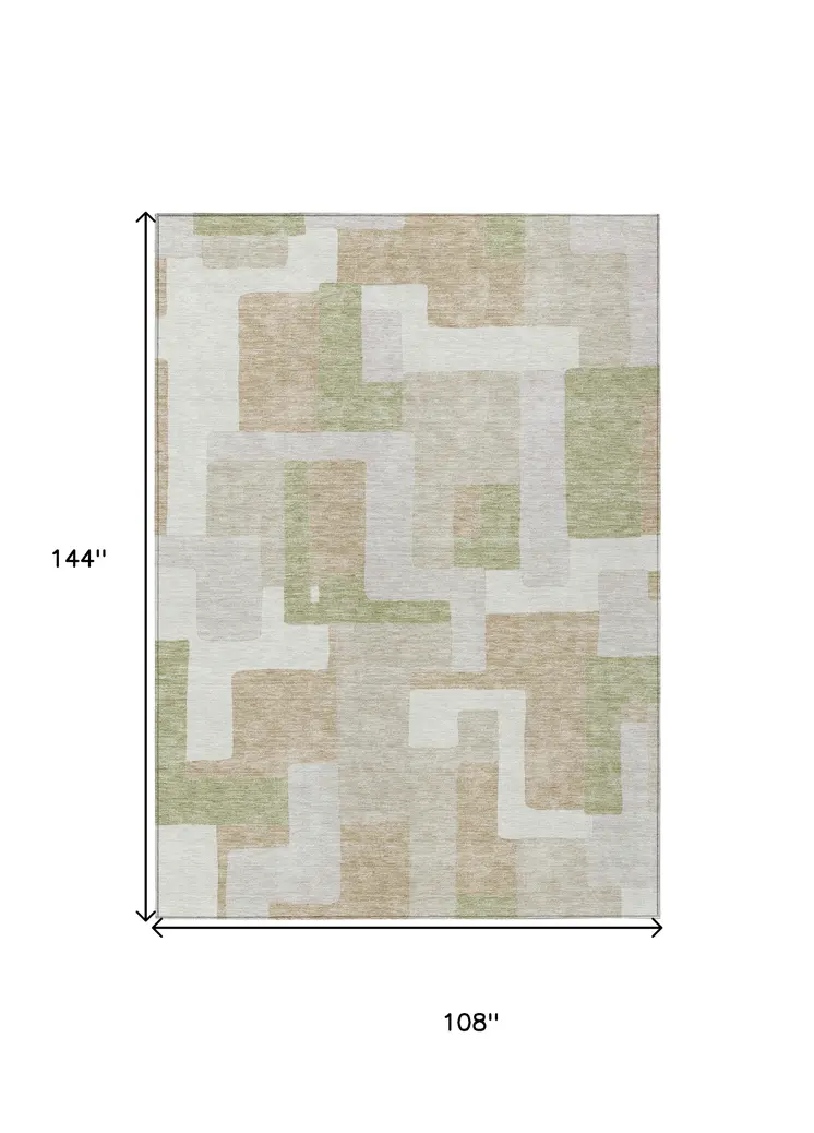9' X 12' Beige Ivory And Sage Geometric Washable Indoor Outdoor Area Rug