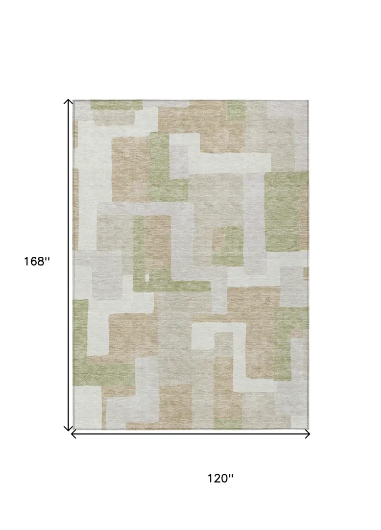 10' X 14' Beige Ivory And Sage Geometric Washable Indoor Outdoor Area Rug