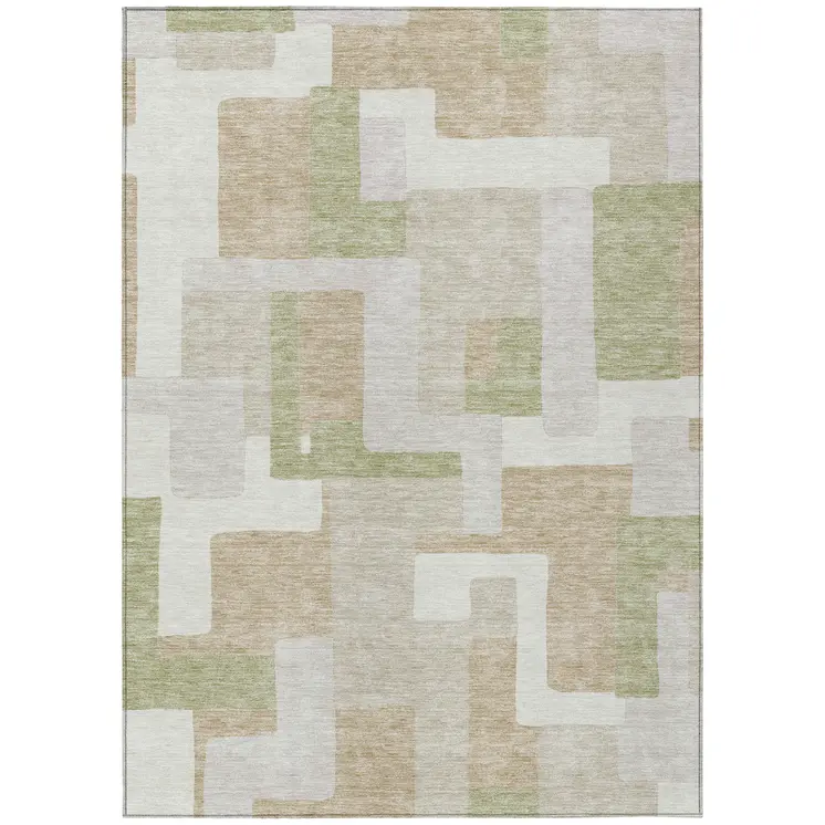 10' X 14' Beige Ivory And Sage Geometric Washable Indoor Outdoor Area Rug